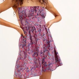 For Love And Lemons Red and Blue Paisley Ruched A-line Sundress